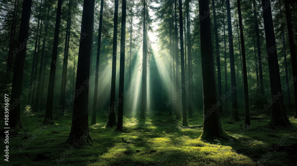Obraz premium Sunlight streaming through tall trees in a dense green forest with lush undergrowth, creating a serene and tranquil atmosphere with dramatic light and shadows.