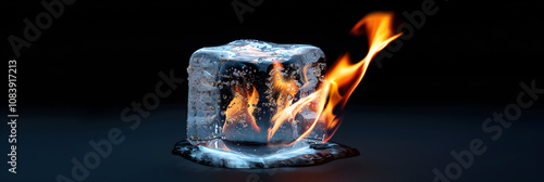 A Paradoxical Confrontation: A Burning Ice Cube Reflecting the Oxymoron 'Freezing Heat' photo