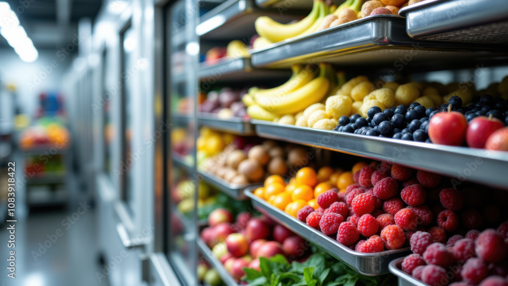 Obraz premium A well-stocked freezer with various fruits on trays ready for freeze drying process.