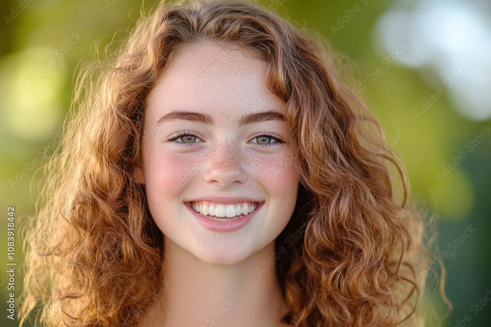 Fototapeta premium smiling young woman with curly hair in natural light