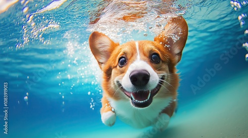 Cute dog swimming in crystal-clear water. photo