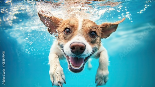 Playful dog diving underwater with joy. photo