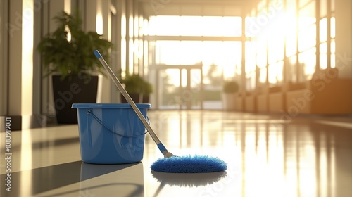 Blue mop and bucket for house cleaning.