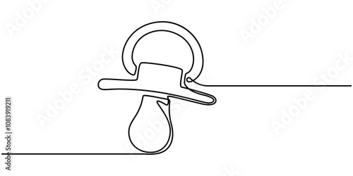 Pacifier for baby. Continuous line one drawing. Vector illustration. Simple line illustration, Baby pacifier in continuous one line art style. Simple vector illustration, Continuous editable drawing.