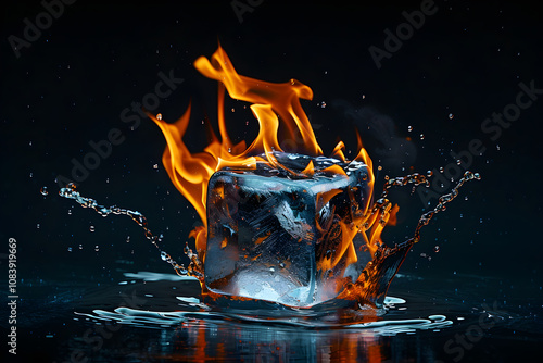 A Paradoxical Confrontation: A Burning Ice Cube Reflecting the Oxymoron 'Freezing Heat' photo