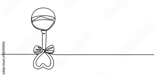 Continuous one line drawing rattle toy. Baby, infant plastic toy. Children education, growth and development concept. Baby rattle. Classic rattle toy. Rattle toy in continuous one line art style.