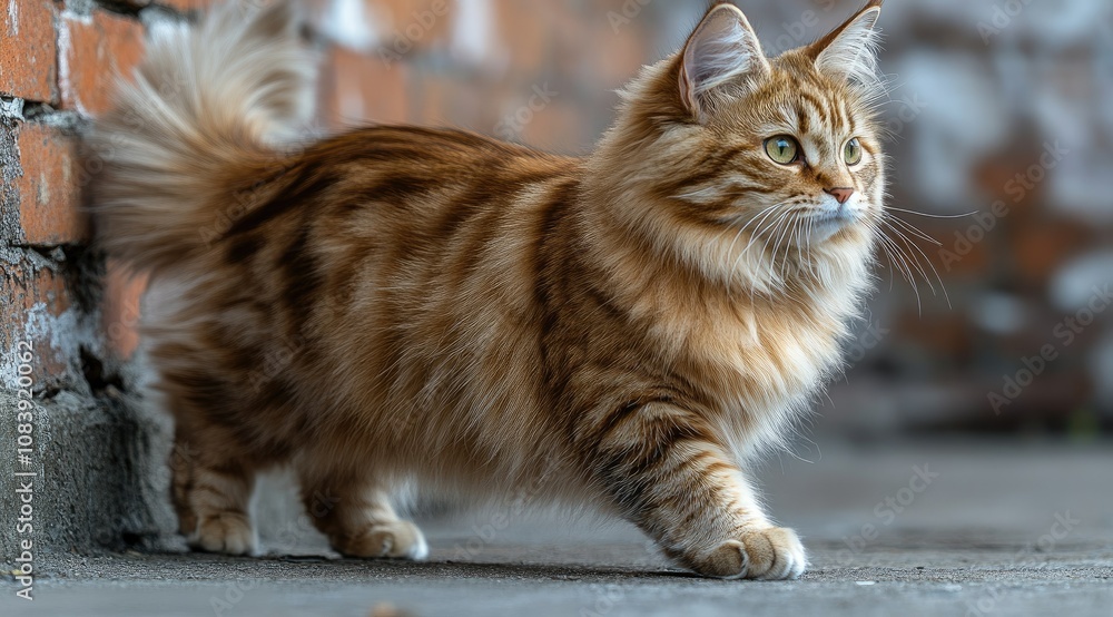 Obraz premium Fluffy ginger cat walking near brick wall.