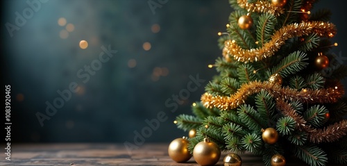 Christmas tree decorated with gold garlands, ornaments. Festive holiday decor on dark background. Elegant, traditional Christmas setting. Close-up view. Golden baubles, tinsel. Festive season.