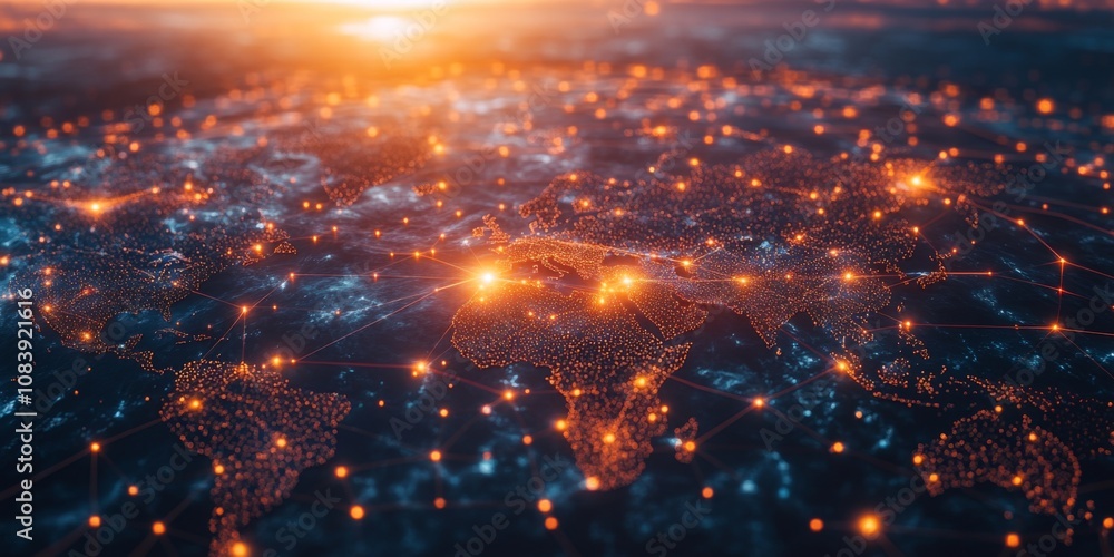 Obraz premium Dotted world map with glowing connection lines, symbolizing commerce,space for text