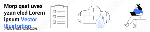 Text block, checklist with checkmarks, cloud with brick pattern and water drop, person with laptop. Ideal for digital project management, remote work, cloud security, organization, task tracking