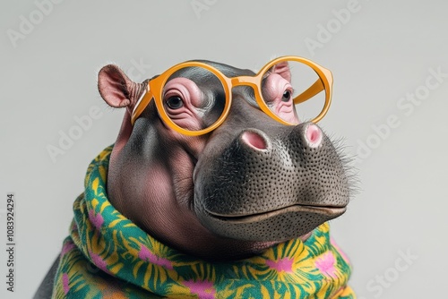 a stylish hippo wearing glasses and a colorful scarf photo