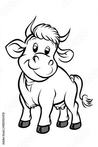 Cute Cartoon Illustration of a Happy Brahman Cow in Thick Line Style, Ideal for Children’s Books, Educational Materials, and Graphic Design Projects