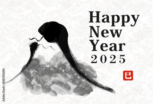 年賀状 デザイン　2025年 巳年 年賀状用テンプレート　へびの富士山の手書き和風筆イラスト入り