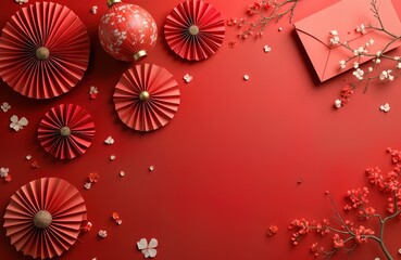 Red Chinese New Year decorations. Paper fans, lanterns. Red envelopes, cherry blossom branches. Festive design for Chinese New Year celebrations. Minimalist design with bright colours. Ideal for