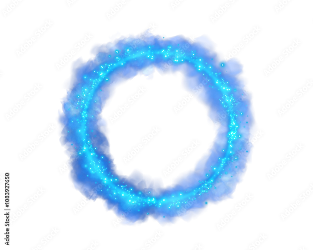 Fototapeta premium Blue magic portal. Blue round holograms with rays of light and sparkles and fog or smock. Glowing futuristic teleport tunnel. Blue neon lights illuminate the night scene with sparkles. Light effect. P
