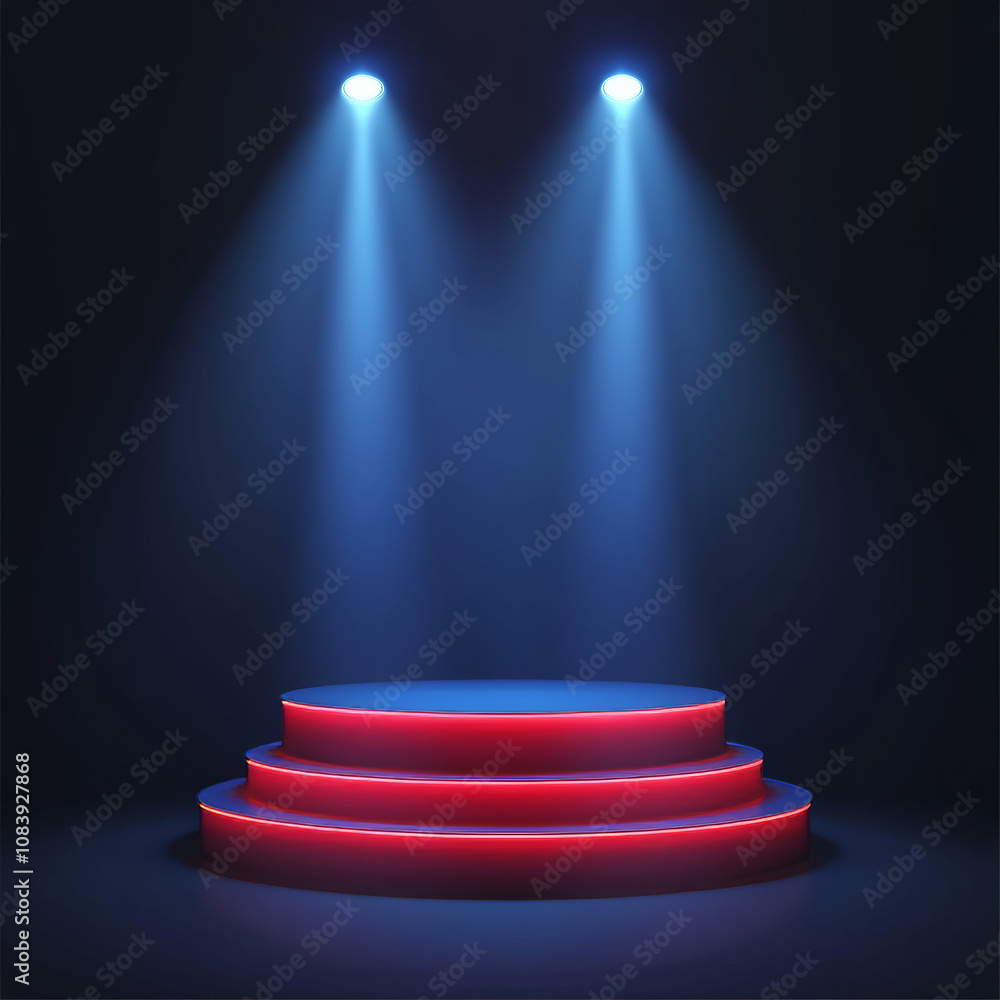 Obraz premium Red winner stage with a rectangular podium, illuminated by searchlights. An empty pedestal with a spotlight and floodlights creating dramatic lighting. Concept for product display on a 3D render stage