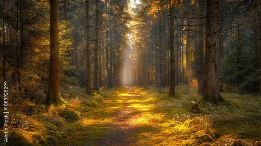 Fototapeta premium Enchanting forest path illuminated by golden sunlight streaming through tall trees in a serene woodland