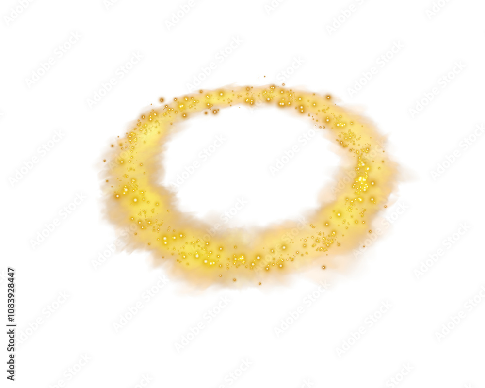 Fototapeta premium Yellow magic portal. Yellow round holograms with rays of light and sparkles and fog or smock. Glowing futuristic teleport tunnel. Yellow neon lights illuminate the night scene with sparkles. Light eff