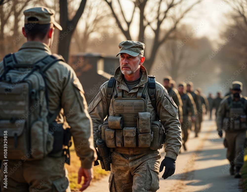 Military personnel walk in formation. Soldiers wear camouflage uniforms ...