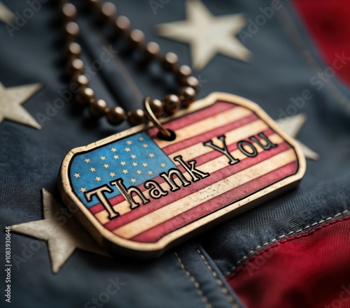 Military dog tags shaped like American flag. Words Thank Engraved on flag design. Tags on flag background. Memorial concept for Veterans Day Memorial Day. Image shows appreciation for soldiers, photo