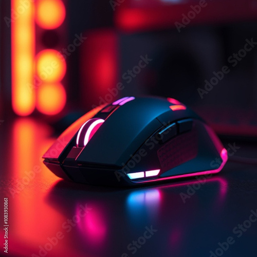 wireless computer mouse on blurred background. technology. 