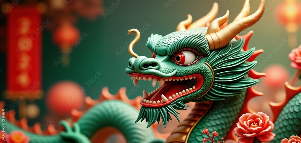 Fototapeta premium Green, gold dragon statue with flowers. Chinese new year symbol for 2024. Traditional Asian design. Decorative ornament. Festive concept. Wooden texture. Dragon figurine. Cultural celebration.