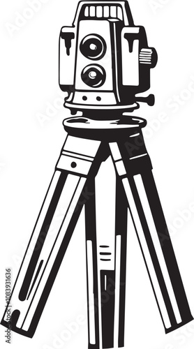 Silhouette of a Modern theodolite standing on tripod is used for measuring elevation differences on construction site