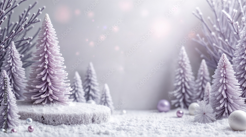 Fototapeta premium Festive Christmas composition with empty space. Set against a snowy backdrop, it conveys the warmth and elegance of holiday celebrations and seasonal joy.