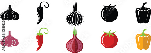 set of silhouette and colorful Vegetable logo. (Garlic, Red chili, onions, tomato, Capsicums)Isolated vegetable on white background