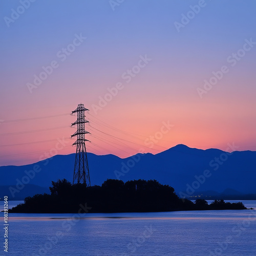 A metal telecommunication tower located at Gris-Gris on the southern coast of Mauritius, captured at dusk. The tower stands tall against the fading light of the evening sky, highlighting the contrast  photo