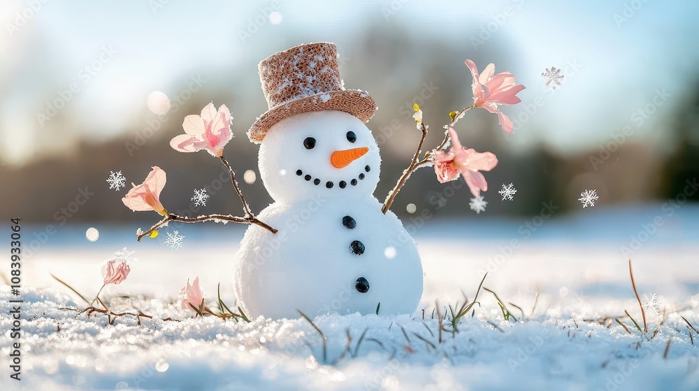 Obraz premium Cheerful Snowman Decorated with Flowers and Snowflakes in a Winter Landscape, Symbolizing the Beauty of Seasonal Change and Holiday Spirit