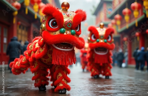 Chinese lion dancers in red costumes perform on wet city street. Traditional lion dance parade. Festival atmosphere with red lanterns. Public celebration. Celebratory event in city street. photo