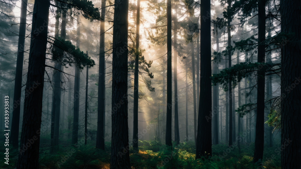 Obraz premium Magical Forest at Sunrise with Fog and Sun Rays