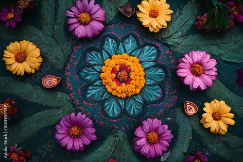 Colorful Diwali rangoli with vibrant flowers and glowing diyas, intricate festive decor photo