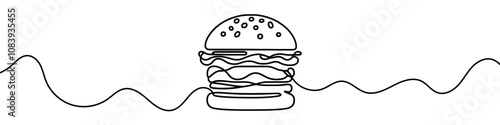 One continuous line illustration of a hamburger, isolated on white background. Line art of hamburger