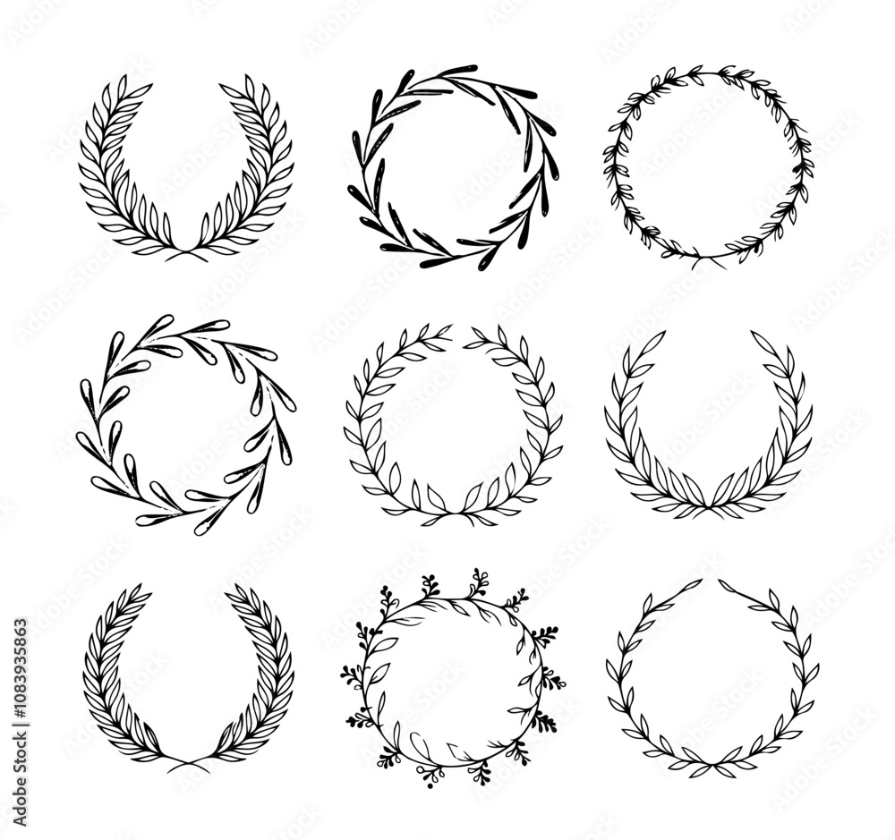Fototapeta premium Silhouette Laurel Wreath Vector Set – Minimalist Black and White Decorative Elements for Logos, Awards, Branding, Certificates, Invitations, and Typography Design