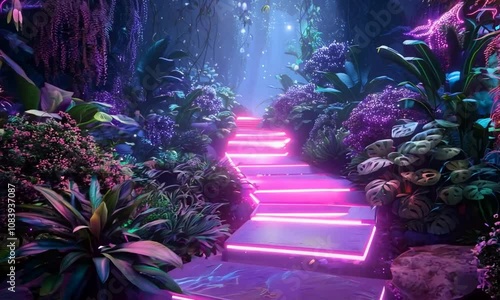 Glowing pink neon lights illuminate a magical staircase winding through a vibrant, lush, purple and blue tropical rainforest at night.