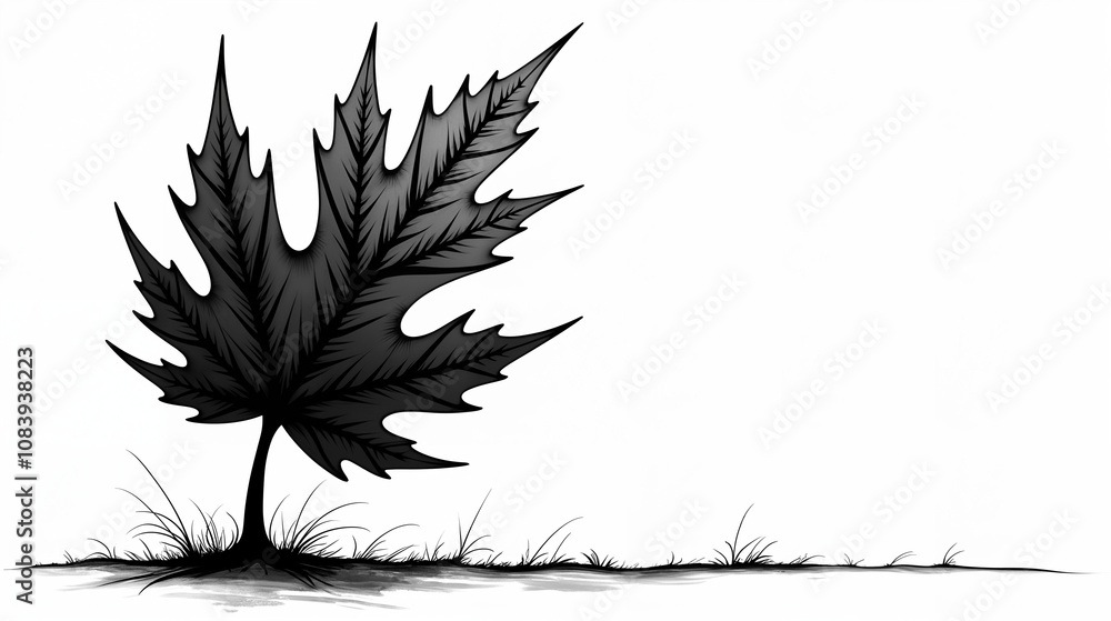 Fototapeta premium Elegant Black and White Artwork of a Leaf with Distinctive Edge and Mapping Features for Logo Use