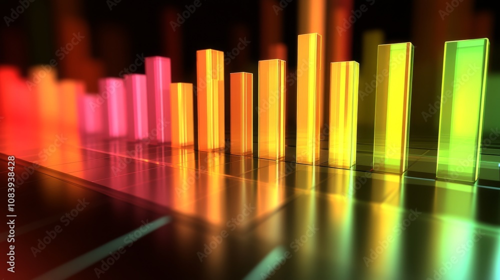 Obraz premium Colorful Abstract Bar Chart Representing Data Visualization Trends in a Modern Digital Environment with Blurred Background and Vivid Light Reflections