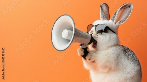 Stylish Rabbit with Sunglasses and Megaphone on Bright Orange Background Demonstrating Fun and Vibrant Animal Expression in a Playful Setting