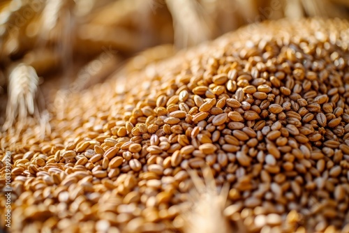 A multitude of golden wheat grains fills the foreground, showcasing their rich texture and color, illuminated by bright sunlight in a rural harvest setting. photo