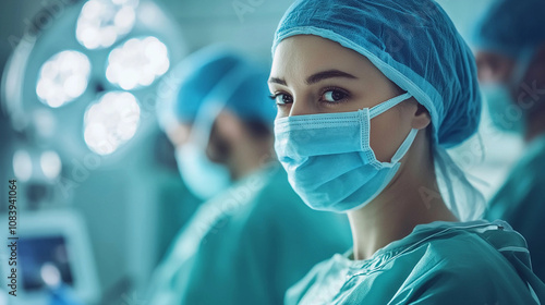 A woman in a blue surgical cap and mask is standing in front of a light