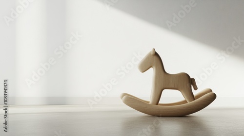 Simple and Elegant Wooden Rocking Horse Toy on a Smooth Floor in Minimalistic Interior with Soft Natural Light Creating a Tranquil Atmosphere photo