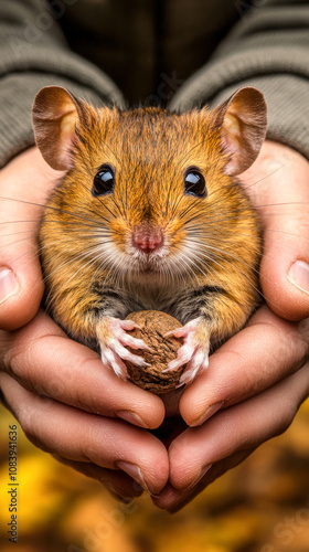 A person is holding a small brown mouse. The mouse is holding a nut in its mouth. The nut is on the mouse's right paw photo