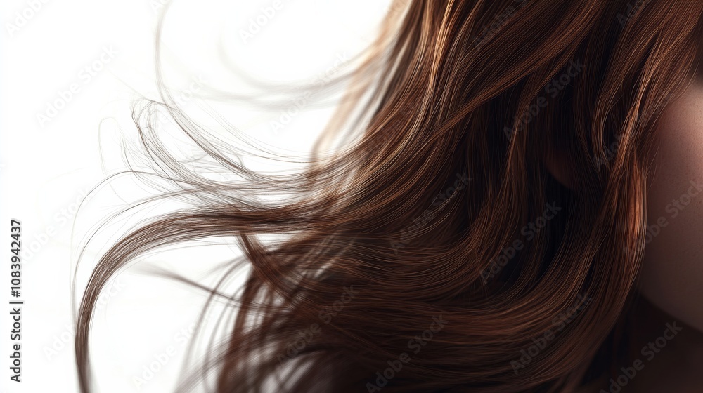 Naklejka premium A close-up of flowing brown hair with soft curls, beautifully highlighting texture and movement against a light background.
