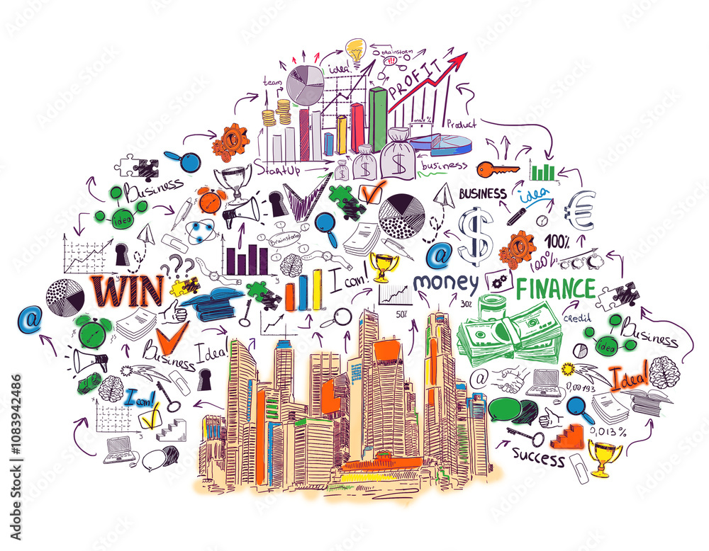 Naklejka premium Hand-drawn business and finance-themed illustration with doodles of charts, money, and a city skyline. Created on a white background, it represents success ideas