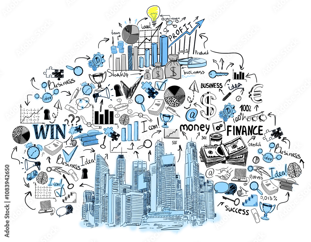 Naklejka premium Hand-drawn business sketch with icons representing finance, profit, and startup concepts, including graphs, money, and buildings. White background
