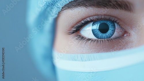 Closeup of eye blinking under protective lens postLASIK, focus on recovery process, healthcare detail