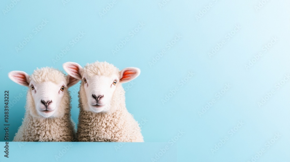 Fototapeta premium Two Cute Sheep with Fluffy Wool Against a Bright Blue Background Ideal for Animal Themed Designs and Warm, Friendly Promotions