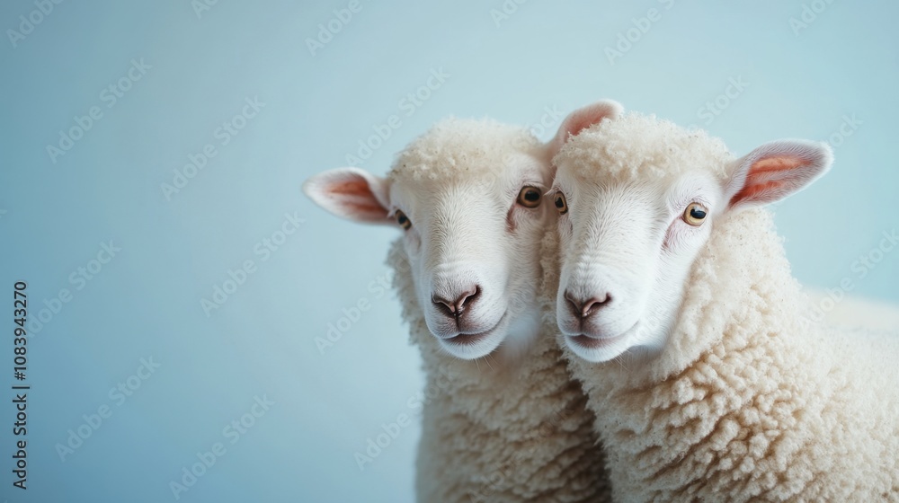 Fototapeta premium Two adorable white sheep standing side by side against a pastel blue background showcasing their fuzzy wool and gentle expressions, perfect for farm or animal themes.